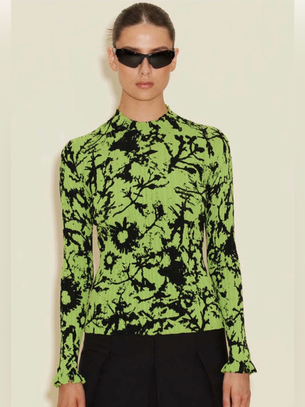 Holzweiler Green Black Abstract Print Fitted Long Sleeve Top Size Large NWT